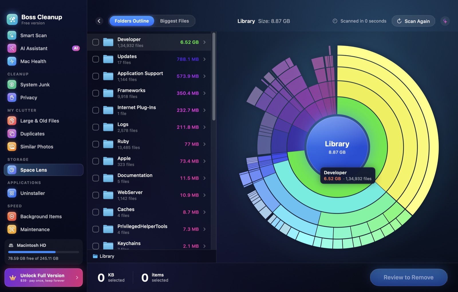 Boss Cleanup Space Lens map of folder sizes