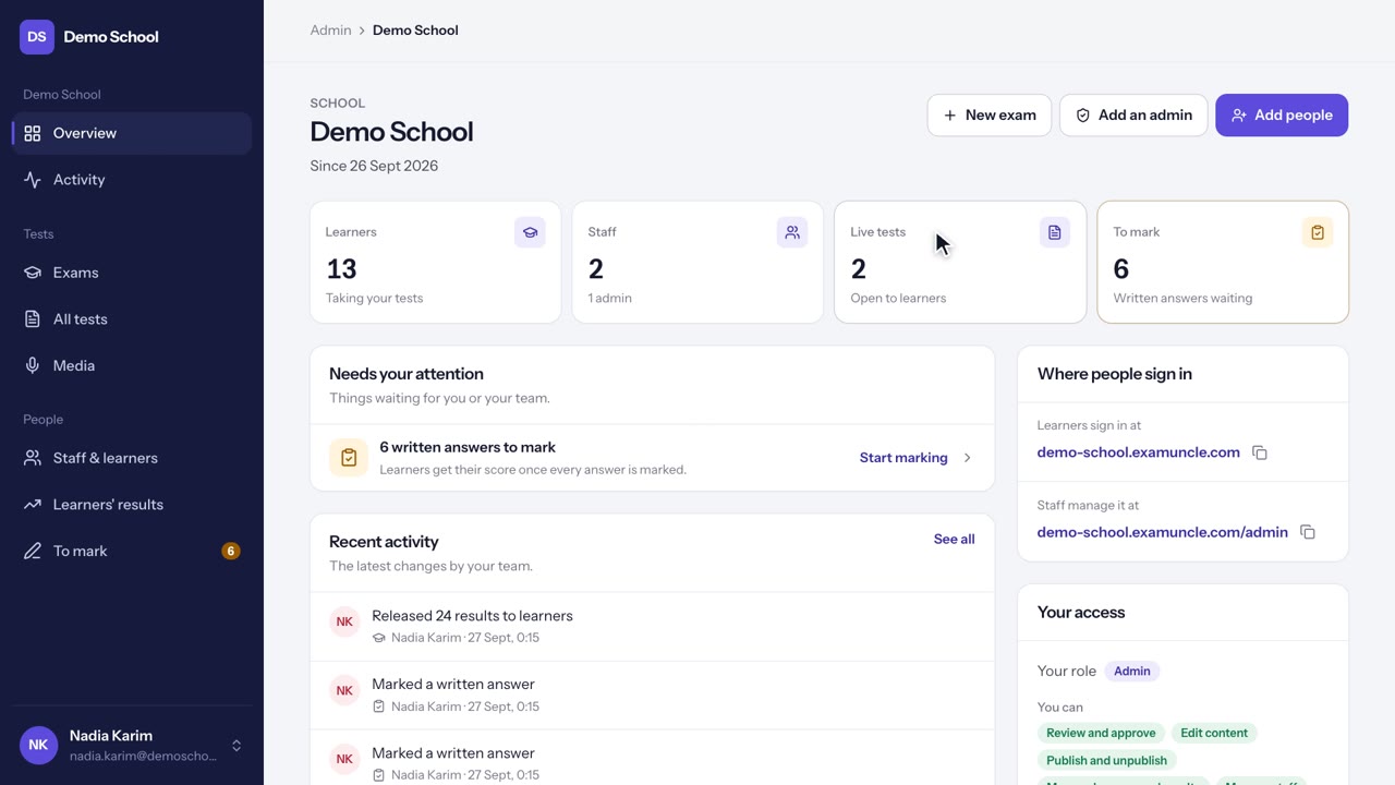 ExamUncle school admin overview