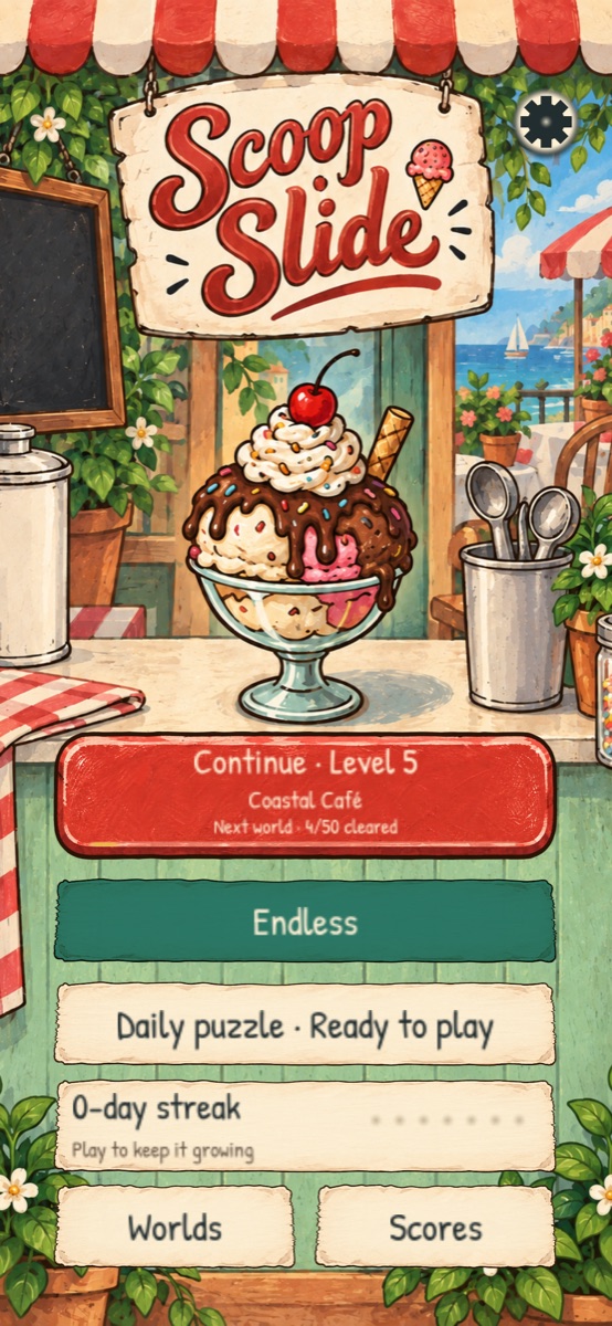 Scoop Slide home screen with campaign, Endless and Daily puzzle